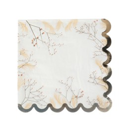 16 SERVIETTES BLANCHES FLEURS OR ET BLUSH 33 X 33 CM 