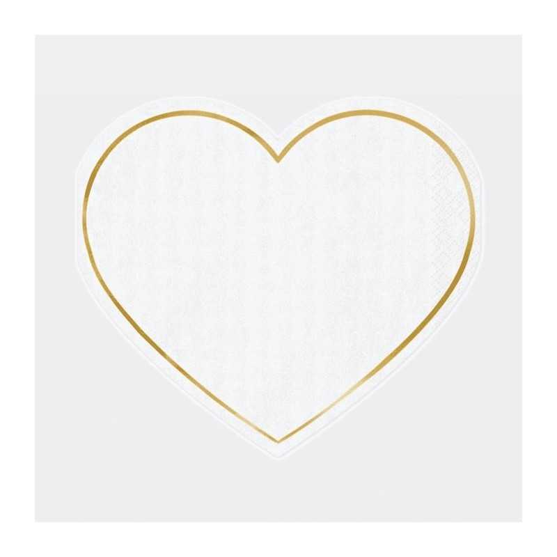 20 SERVIETTES COEURS BLANC AVEC LISERE OR 14.5 X 12 CM 