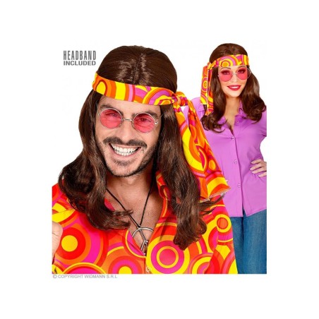 PERRUQUE LONGUE MARRON HIPPIE AVEC BANDEAU 