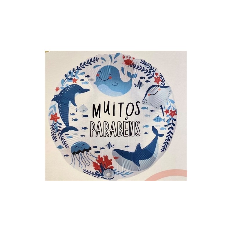 BALLON ROND METALLIQUE FOND MARIN MUITOS PARABENS 43 CM  BALLON ROND METALLIQUE FOND MARIN MUITOS PARABENS 43 CM