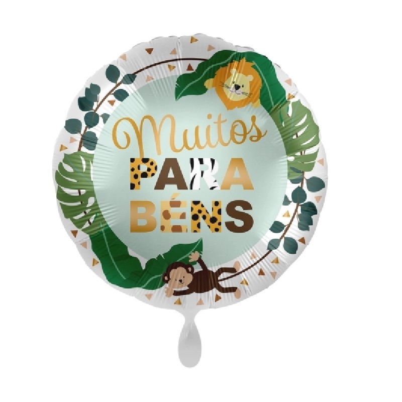 BALLON METALLIQUE ROND ANIMAUX DE LA JUNGLE MUITOS PARABENS 43 CM