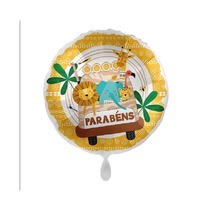 BALLON METALLIQUE ROND ANIMAUX DE LA JUNGLE PARABENS 43 CM