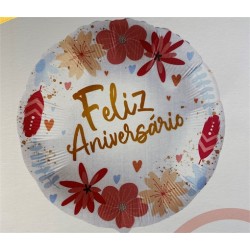 BALLON METALLIQUE ROND FELIZ ANIVERSARIO AVEC DES FLEURS 43 CM 