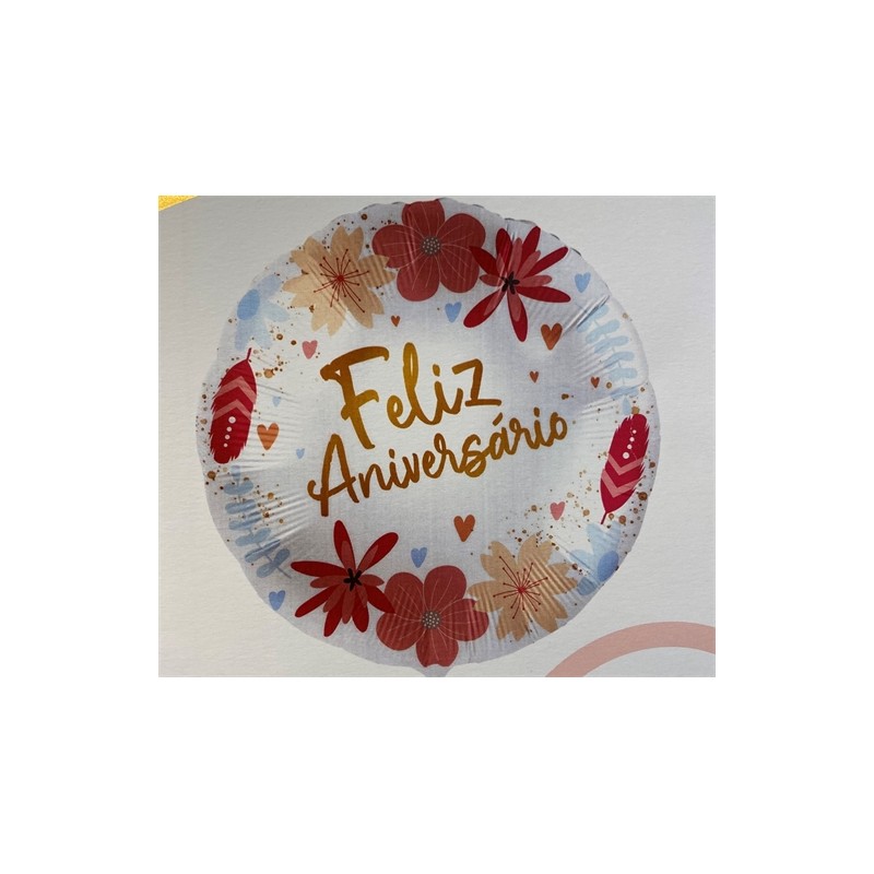 BALLON METALLIQUE ROND FELIZ ANIVERSARIO AVEC DES FLEURS 43 CM 