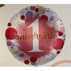 BALLON METALLIQUE ROND 1 ANIVERSARIO ROSE 43 CM 