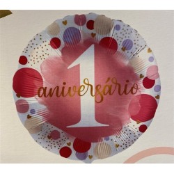 BALLON METALLIQUE ROND 1 ANIVERSARIO ROSE 43 CM 