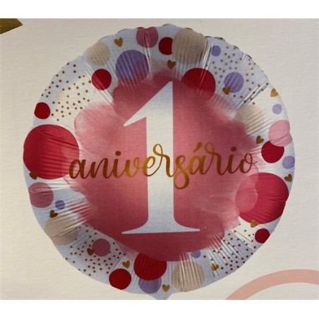 BALLON METALLIQUE ROND 1 ANIVERSARIO ROSE 43 CM 