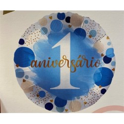 BALLON METALLIQUE ROND 1 ANIVERSARIO BLEU 43 CM 