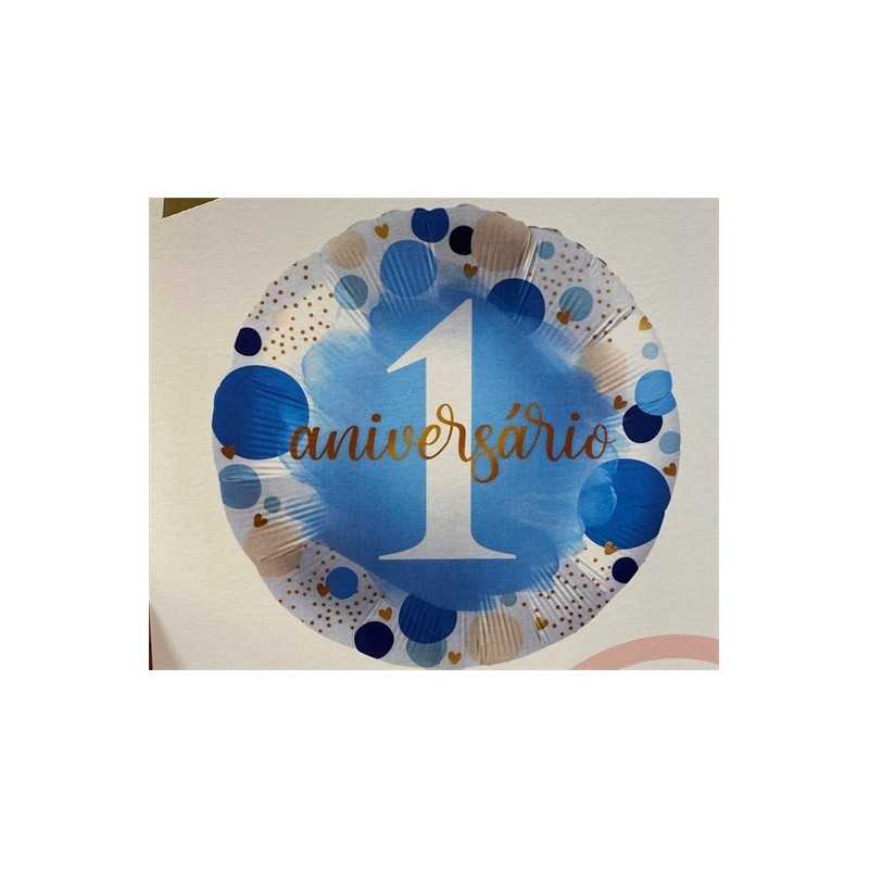 BALLON METALLIQUE ROND 1 ANIVERSARIO BLEU 43 CM 
