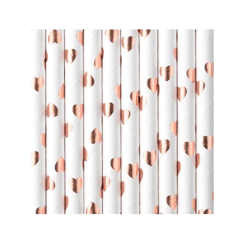 10 PAILLES PAPIER BLANC ET COEUR ROSE GOLD 