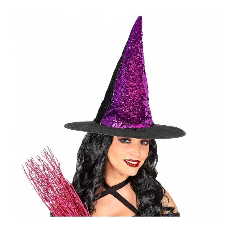 CHAPEAU DE SORCIERE SEQUIN VIOLET-NOIR 
