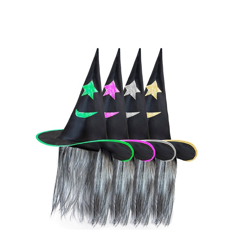 CHAPEAU DE SORCIERE DECORE AVEC CHEVEUX 