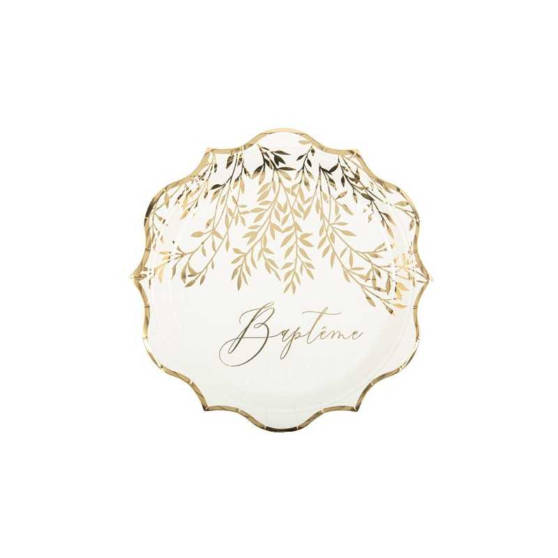 8 ASSIETTES BAPTEME JOLIS BRINS, BLANCHES ET OR 22.5 CM 