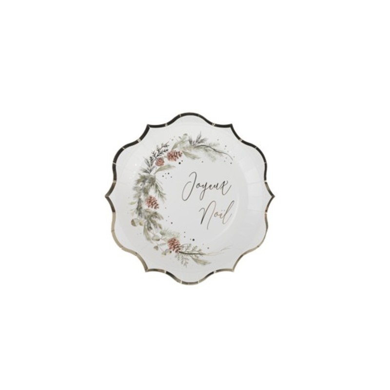 8 ASSIETTES JOYEUX NOEL FORET ENCHANTEE BLANC, VERT, MARRON ET OR 23 X 23 CM 