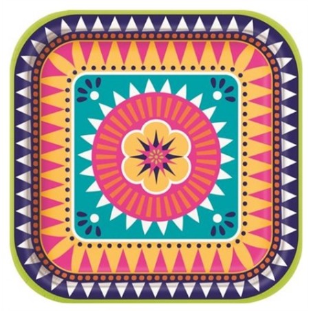 8 ASSIETTES COLOREES BOHO FIESTA 22.2 X 22.2 CM