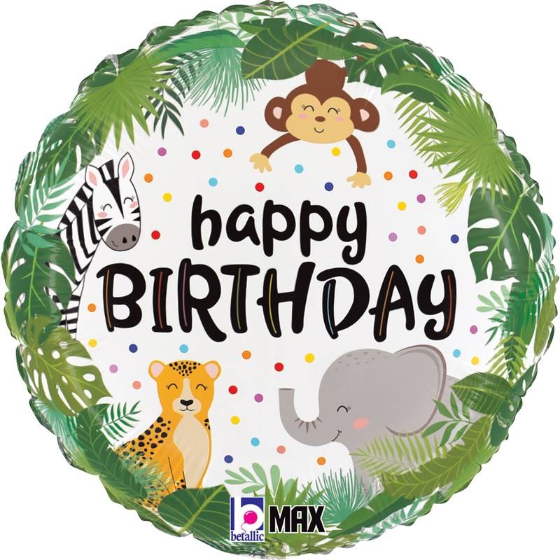 BALLON ROND HAPPY BIRTHDAY ANIMAUX DE LA JUNGLE 46 CM 