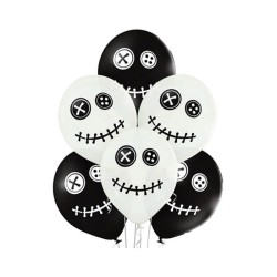 6 BALLONS LATEX HALLOWEEN POUPEE VAUDOU NOIR ET BLANC