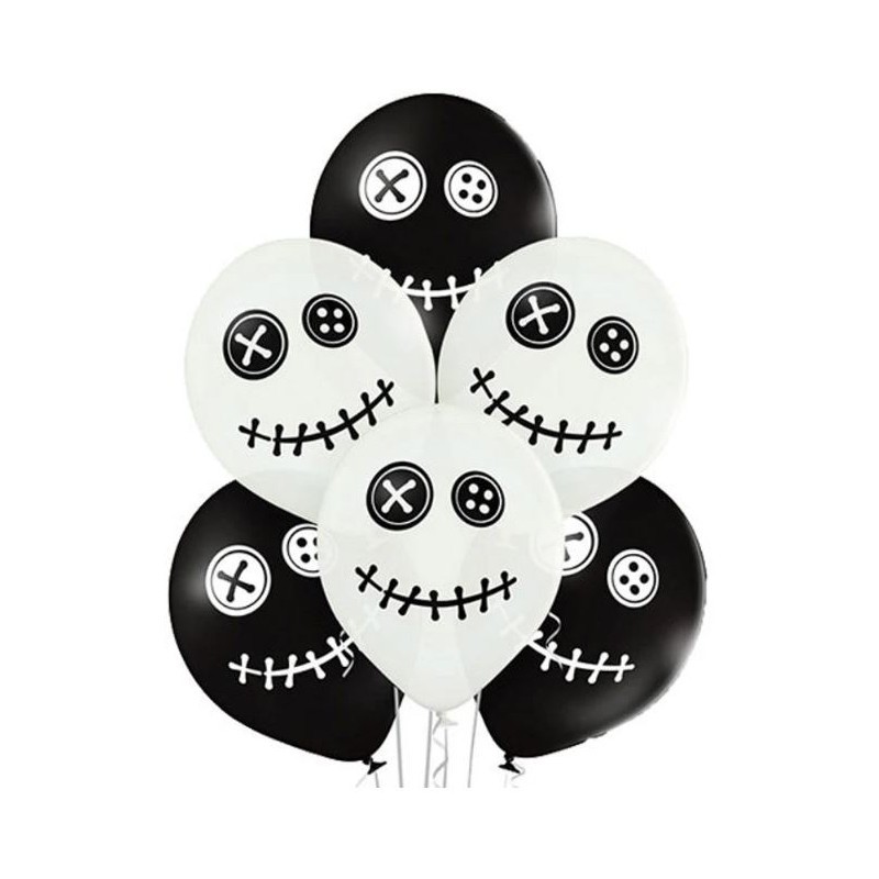 6 BALLONS LATEX HALLOWEEN POUPEE VAUDOU NOIR ET BLANC