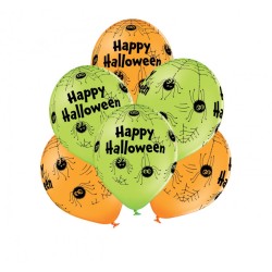 6 BALLONS LATEX HAPPY HALLOWEEN VERT ET ORANGE