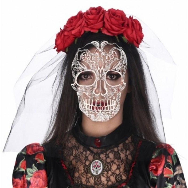 SERRE-TETE COIFFE DAY OF THE DEAD ROSES ROUGES AVEC VOILE