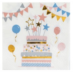 20 SERVIETTES BLANCHE GATEAU D'ANNIVERSAIRE KITTY PARTY 25 X 25 CM 