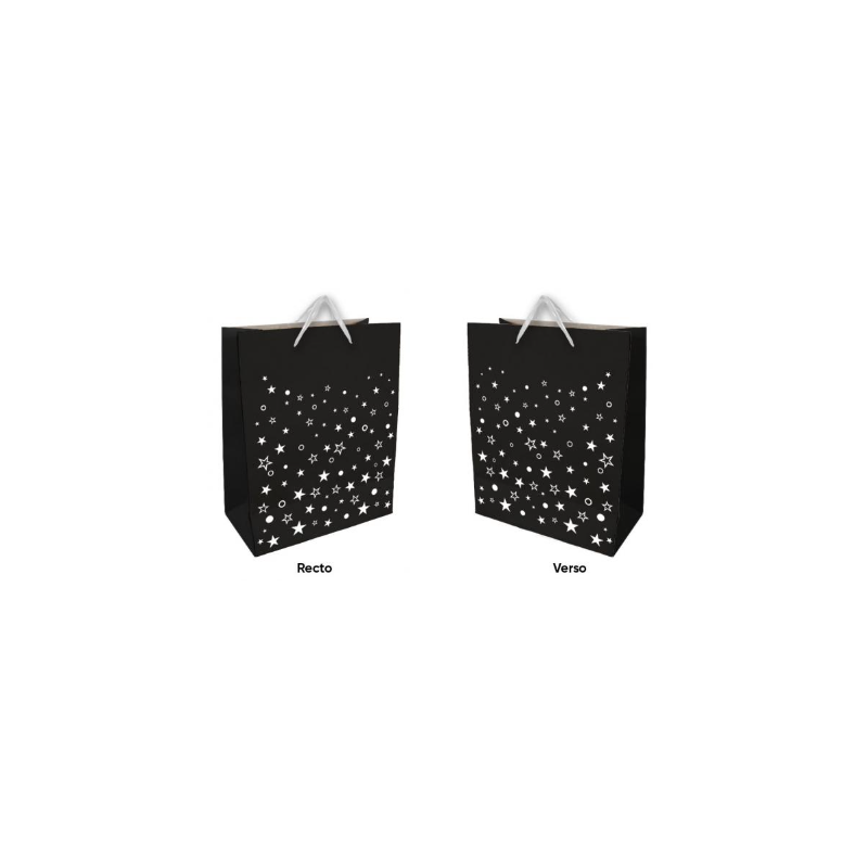 SAC CADEAU NOIR ET BLANC ETOILES 30 X 40 X 12 CM