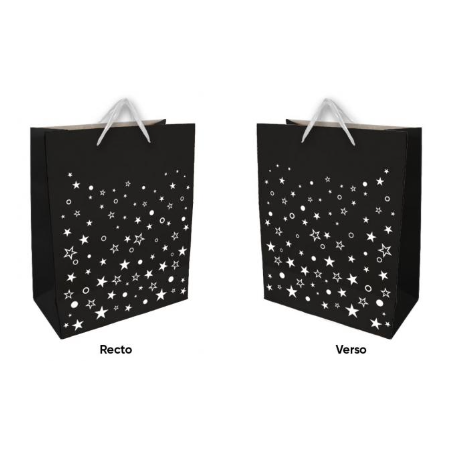 SAC CADEAU NOIR ET BLANC ETOILES 30 X 40 X 12 CM