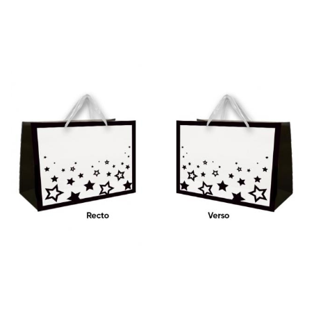 SAC CADEAU NOIR ET BLANC ETOILES 30 X 25 X 12 CM