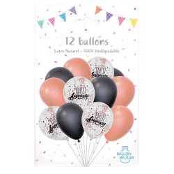 SACHET DE 12 BALLONS JOYEUX ANNIVERSAIRE ROSE GOLD NOIR ET TRANSPARENT 30 CM 