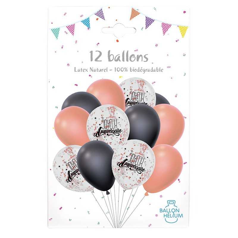 SACHET DE 12 BALLONS JOYEUX ANNIVERSAIRE ROSE GOLD NOIR ET TRANSPARENT 30 CM