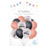 SACHET DE 12 BALLONS JOYEUX ANNIVERSAIRE ROSE GOLD NOIR ET TRANSPARENT 30 CM 