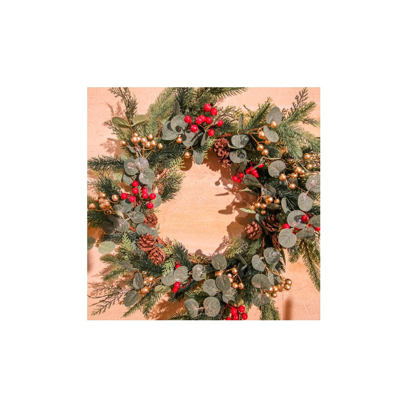 COURONNE  BAIES ROUGES OR ET PAILLETTES NOEL 65 CM 