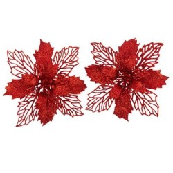 2 FLEURS DE NOEL AJOUREES PAILLETTES ROUGE SUR PINCE 17 CM 