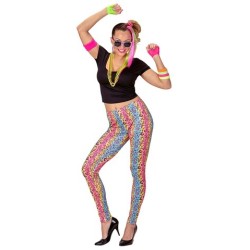 DEGUISEMENT FEMME ANNEES 80 TEE SHIRT LEGGINGS ET COLLIERS FLUO TAILLE M