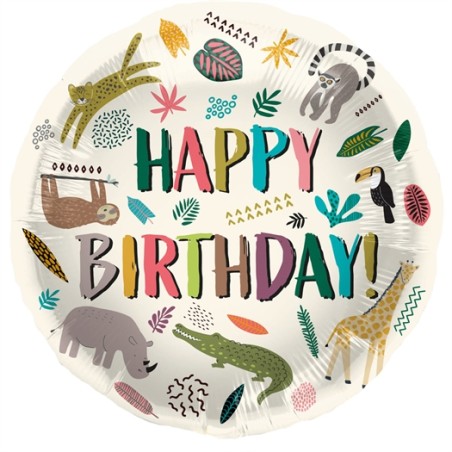 BALLON ROND METALLIQUE HAPPY BIRTHDAY ANIMAUX DE LA JUNGLE 45 CM 