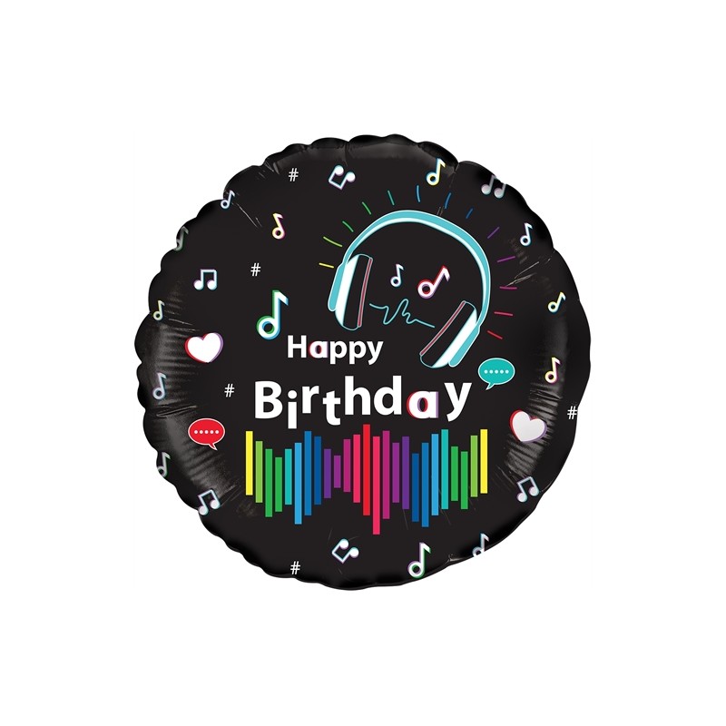 BALLON METALLIQUE ROND HAPPY BIRTHDAY MUSIQUE 43 CM 