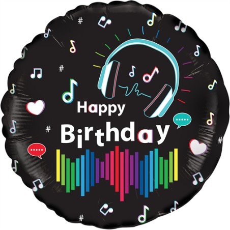 BALLON METALLIQUE ROND HAPPY BIRTHDAY MUSIQUE 43 CM 