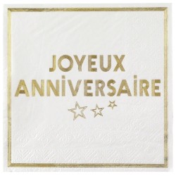 10 SERVIETTES BLANCHES JOYEUX ANNIVERSAIRE OR 33 X 33  CM 