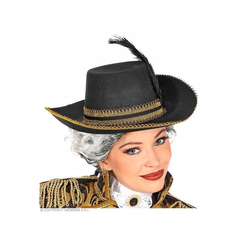 CHAPEAU MOUSQUETAIRE NOIR ET OR AVEC PLUME 