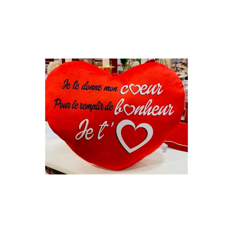 COUSSIN COEUR ROUGE JE TE DONNE MON COEUR POUR LE REMPLIR DE BONHEUR