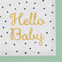 16 SERVIETTES BLANC ET VERT PALE HELLO BABY 33 X 33 CM