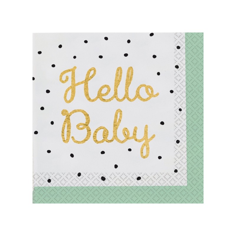 16 SERVIETTES BLANC ET VERT PALE HELLO BABY 33 X 33 CM