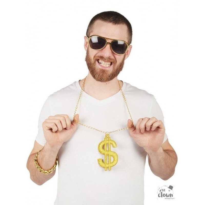 SET GANGSTER LUNETTES, BRACELET EN OR ET COLLIER DOLLAR