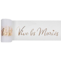 RUBAN TULLE BLANC  VIVE LES MARIES EN OR 8 CM X 10 M