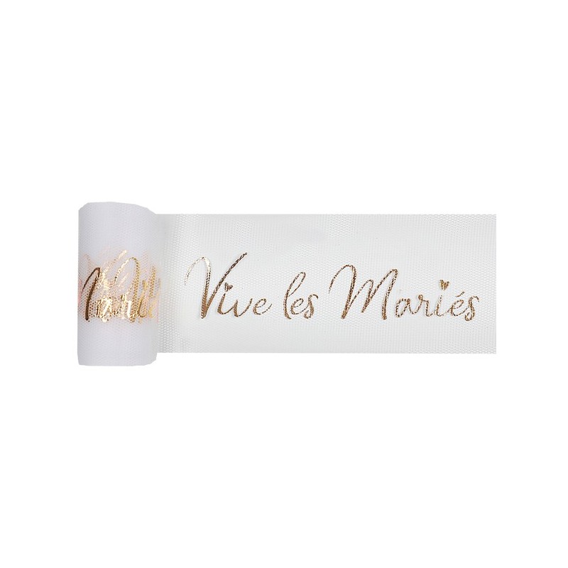 RUBAN TULLE BLANC  VIVE LES MARIES EN OR 8 CM X 10 M RUBAN TULLE BLANC  VIVE LES MARIES EN OR 8 CM X 10 M