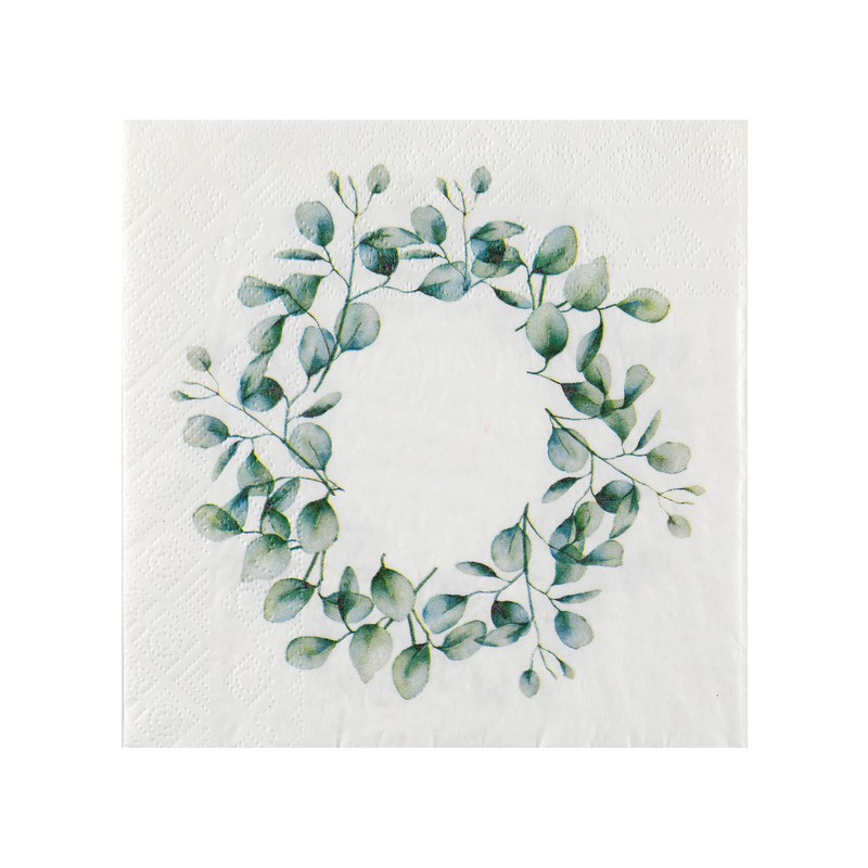 20 SERVIETTES BLANCHES FEUILLES EUCALYPTUS BUCOLIQUE 33 X 33 CM 