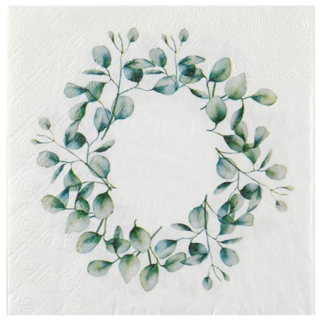 20 SERVIETTES BLANCHES FEUILLES EUCALYPTUS BUCOLIQUE 33 X 33 CM 