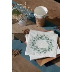 20 SERVIETTES BLANCHES FEUILLES EUCALYPTUS BUCOLIQUE 33 X 33 CM 